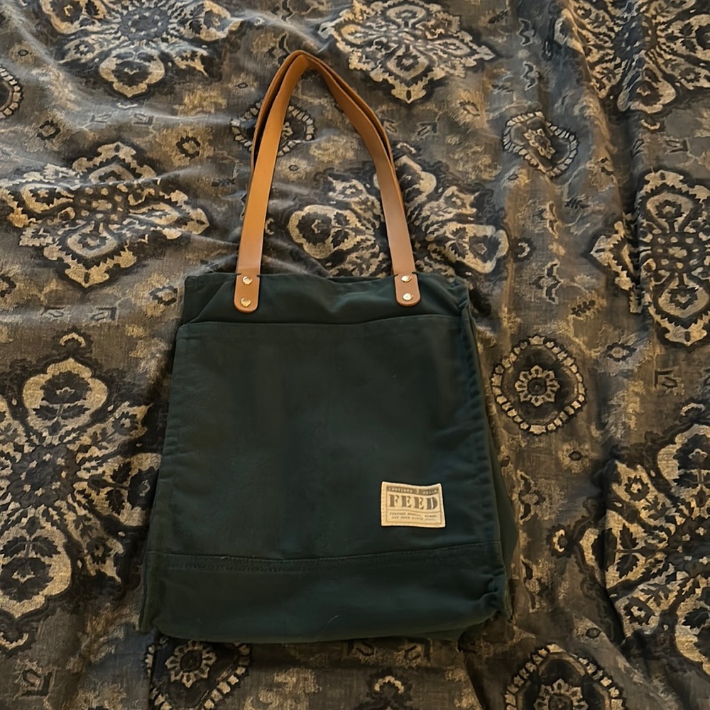 Blue canvas tote bag with leather straps $59